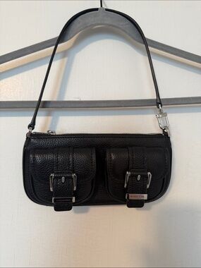Michael Kors Black Leather Mini Shoulder Bag with Dual Buckle Pockets